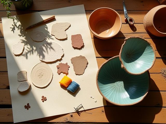 Moodboard con bocetos, muestras de color, hilos y arcilla, junto a una pieza de cerámica terminada, inspirando la creación de arte personalizado.