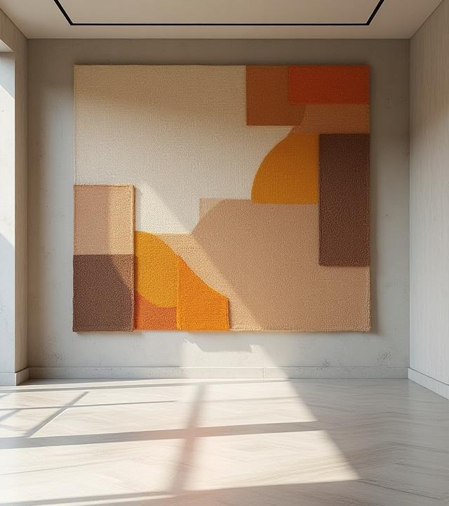 Mural textil abstracto con texturas ricas y colores cálidos, colgando en una pared de un espacio moderno.