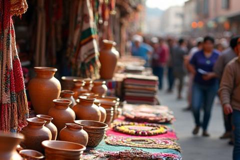 Un puesto vibrante en una feria artesanal con diversas cerámicas y textiles mexicanos, gente observando.