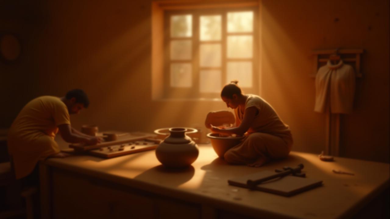 Artesanos trabajando en el taller, ambiente cálido y creativo.