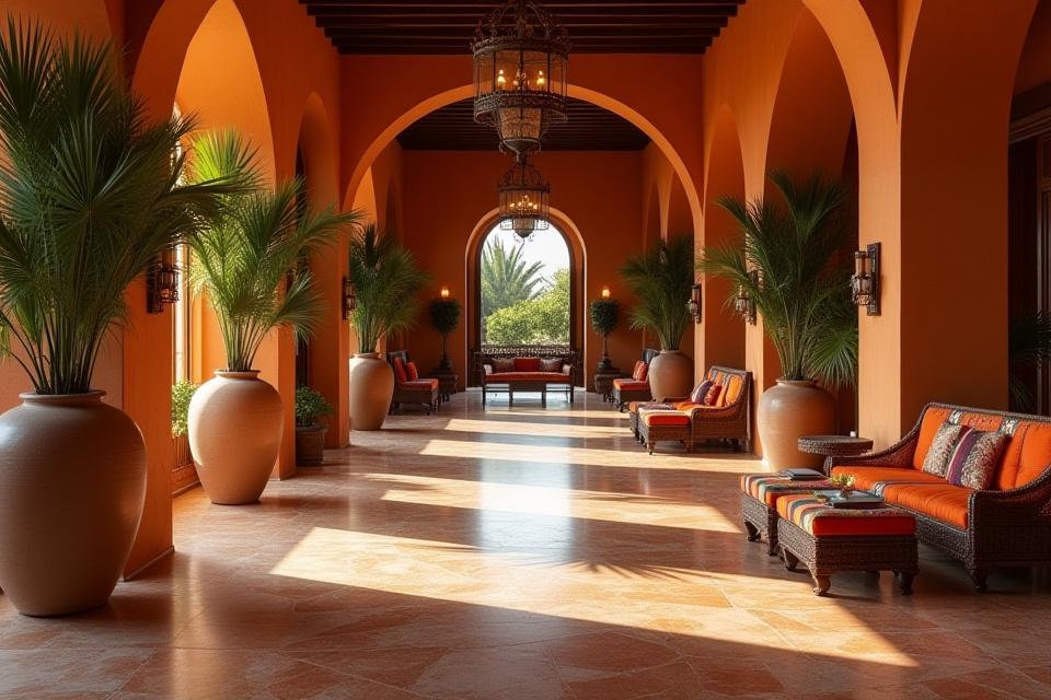 Lobby de un hotel boutique de lujo decorado con grandes vasijas de cerámica artesanal y textiles vibrantes.