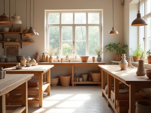 Espacio de taller de arte luminoso y organizado con herramientas de alfarería y mesas de madera.