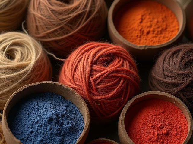 Ovillos de lana natural en tonos tierra y teñidos con pigmentos naturales, listos para tejer.