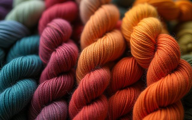 Madejas de lana coloridas y fibras naturales teñidas con tintes orgánicos