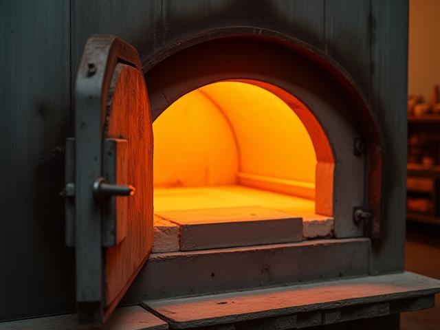 Un gran horno de cerámica profesional encendido, con una suave luz naranja en su interior, listo para cocer piezas