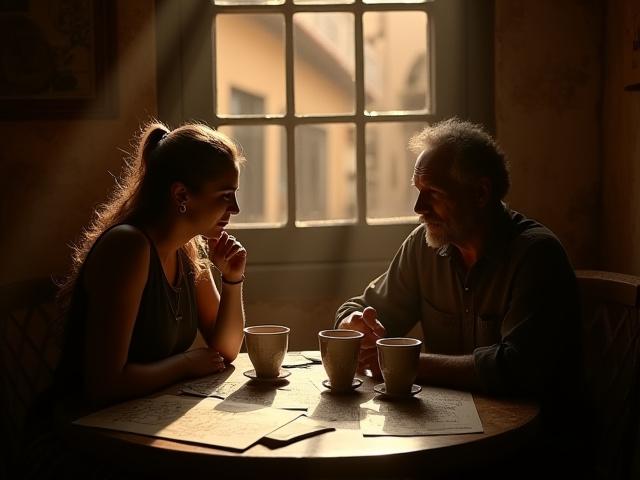 Fundadores de Alquimia Cafetera en 2018, sentados en un café rústico de San Miguel de Allende, un mapa y bocetos de artesanías en la mesa.