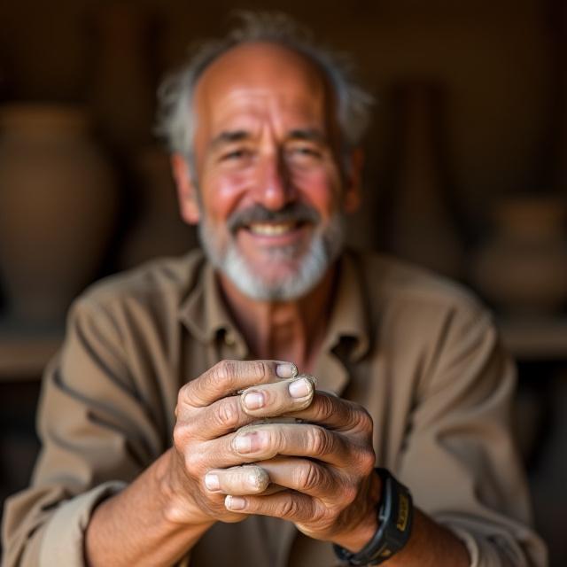 Retrato de Mateo Cruz, maestro ceramista, con las manos ligeramente manchadas de arcilla y una sonrisa genuina.
