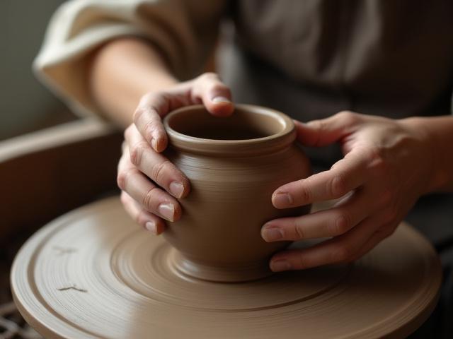 Manos de alfarero trabajando el torno con arcilla, creando una vasija de cerámica.