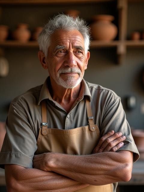 Retrato del Maestro Pedro, un hombre mayor con manos fuertes y mirada sabia, en su taller de cerámica.