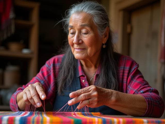 Mujer indígena tejiendo en un telar de cintura tradicional, con hilos de colores vibrantes.